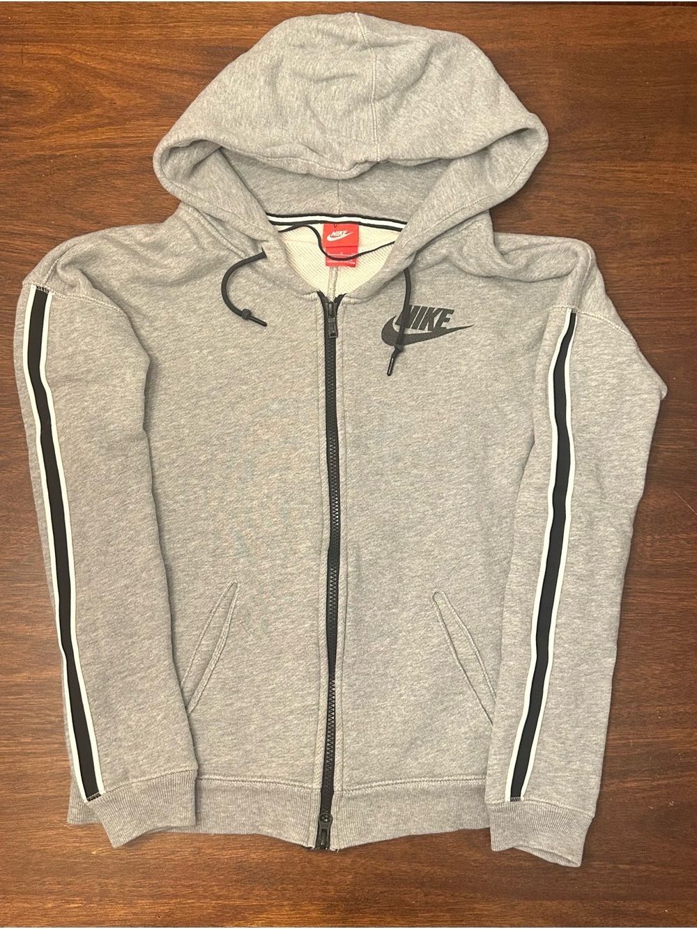 Nike Grey Full-Zip Hoodie with Black Stripe Accents